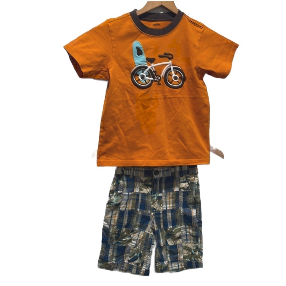 Gymboree boys set size 5 GUC orange and blue with shirt bike design